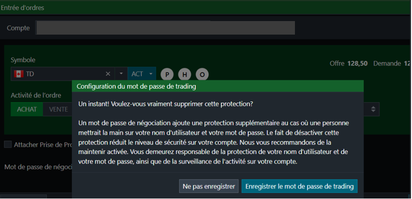 Boîte de confirmation mot de passe de négociation Avril 2026