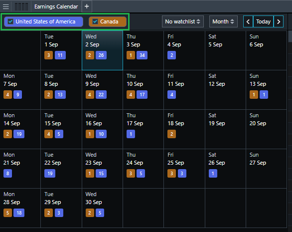 Earnings Calendar Country Toggle September 2026